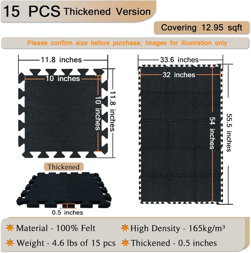 TroyStudio Thick Drum Rug Pad, 15 Pcs 11 x 11 x 0.5 inches Interlocking Sound Absorbing Rug, Non Slip Anti Vibration Sound Proof Floor Mats, Acoustic Carpet Blankets for Drum Set, Piano, Studio - Image 2